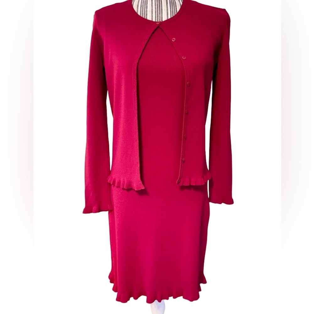 Beautiful Classic ANN TAYLOR RED KNIT sheath DRESS & SWEATER SET size S/M